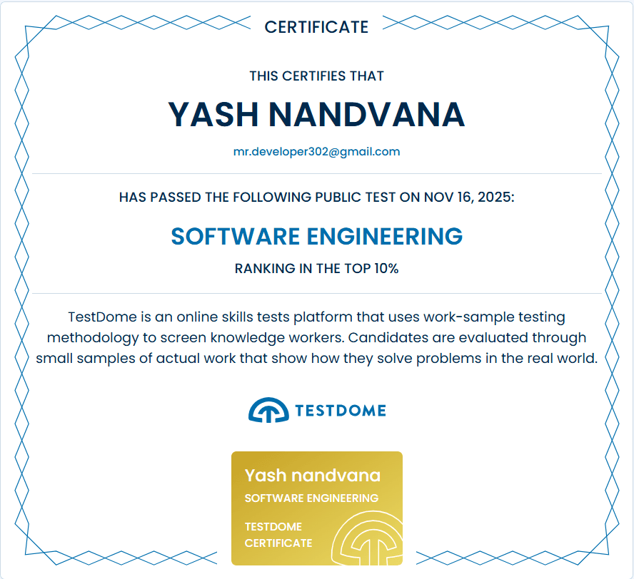 Software Engineering (Top 10%) certificate